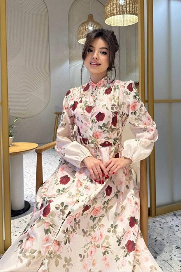 فستان ميدي من الكتان بحزام ونقشة الورد - 3