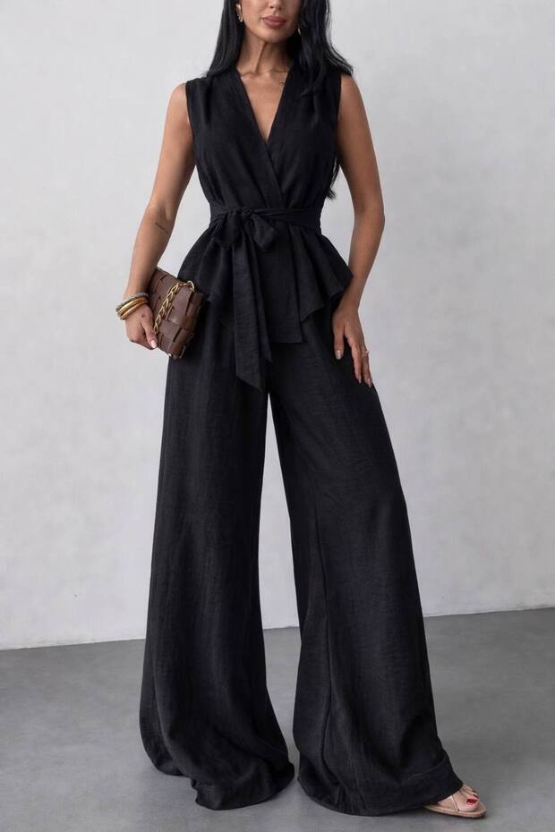 Sleeveless Jacket with Tie Waist and High-Waisted Tencel Pants Set