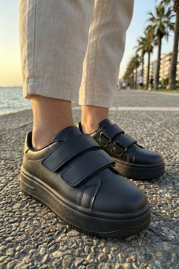Women's Black Daily Velcro Orthopedic Lightweight Sneaker Comfort Stylish Quality Walking Sports Shoes