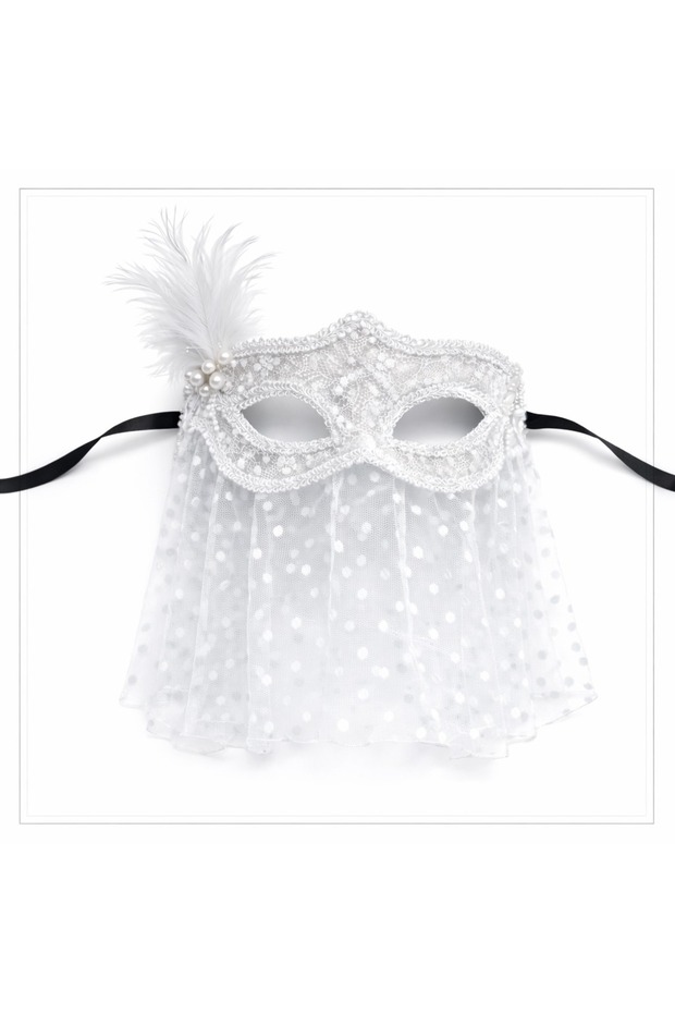 White Lace Tulle Veil Party Mask – with Feathered Pearl Detail