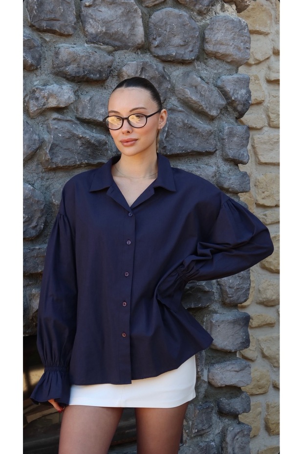 Women's Navy Blue Ruffled Sleeve Detailed Linen Shirt
