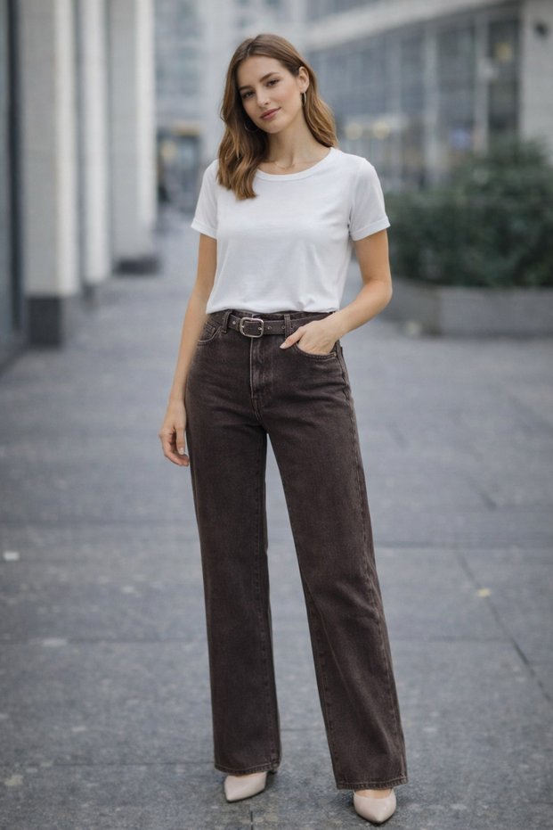 Belt Detailed Wide Leg Brown Jeans