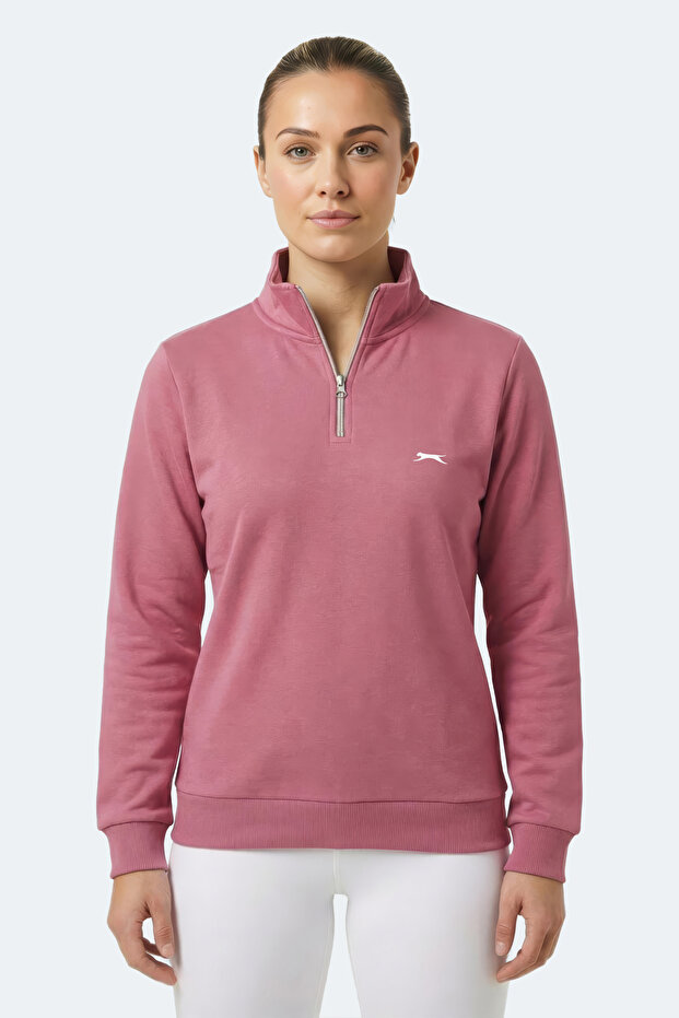 Maxis I Women's Stand Collar Zippered Pink Sweatshirt