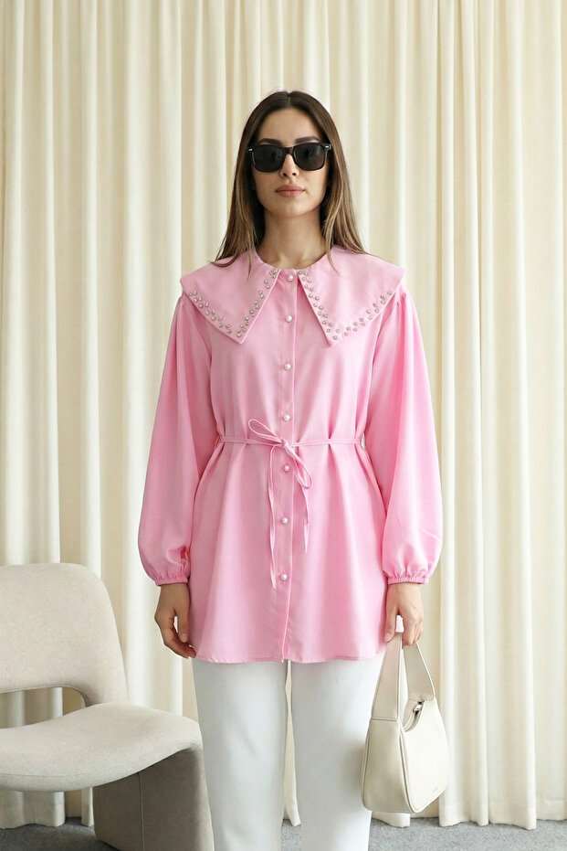 Tunic with Stone Collar and Buttoned Lacing - Pink