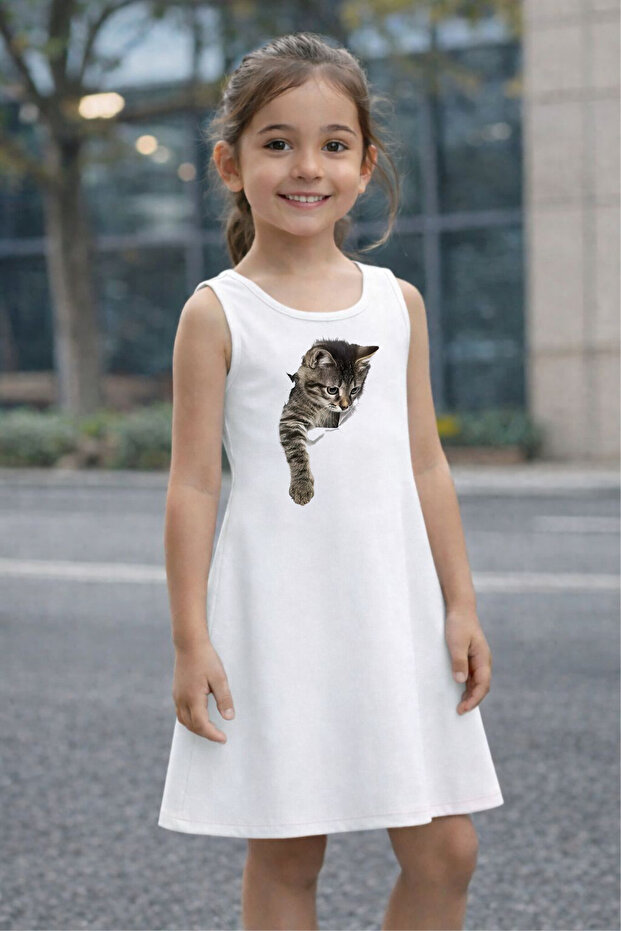Girls' Summer Dress with Cat Print