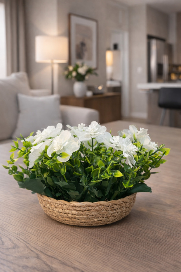 Artificial Flower Arrangement Wicker Basket Flower Pot – Decorative Ornament for Living Room, Office, Tabletop