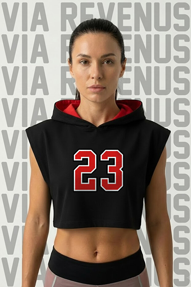 Number 23 Printed Zero Sleeve Hooded Sports Women's Crop