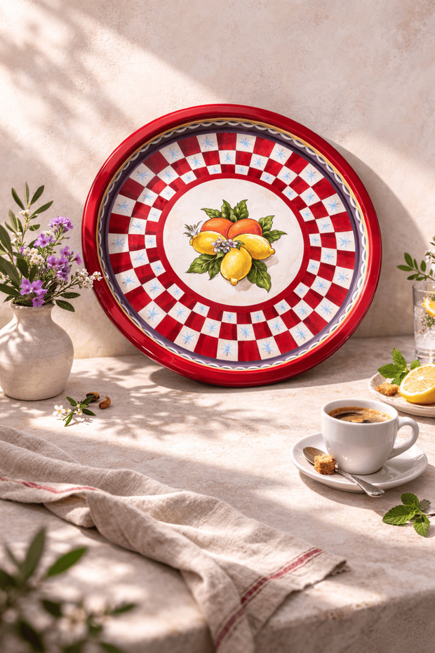 Home 34 cm Lemon Design Round Metal Tray - Red