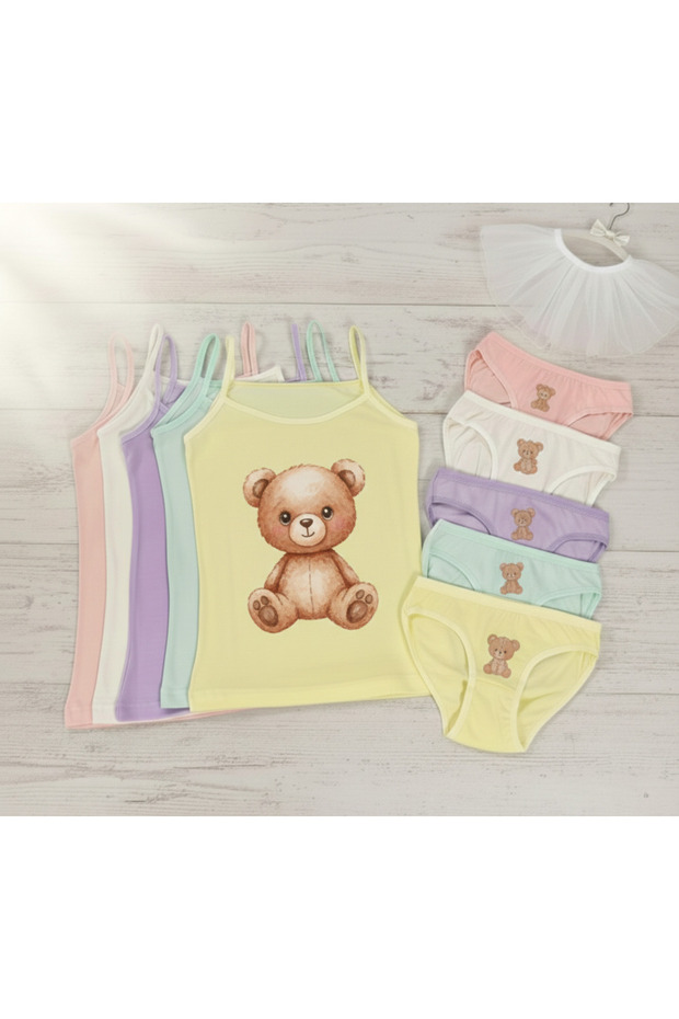 Girls' Printed Tank Top and Underwear Set Economic Pack of 5 100% Cotton