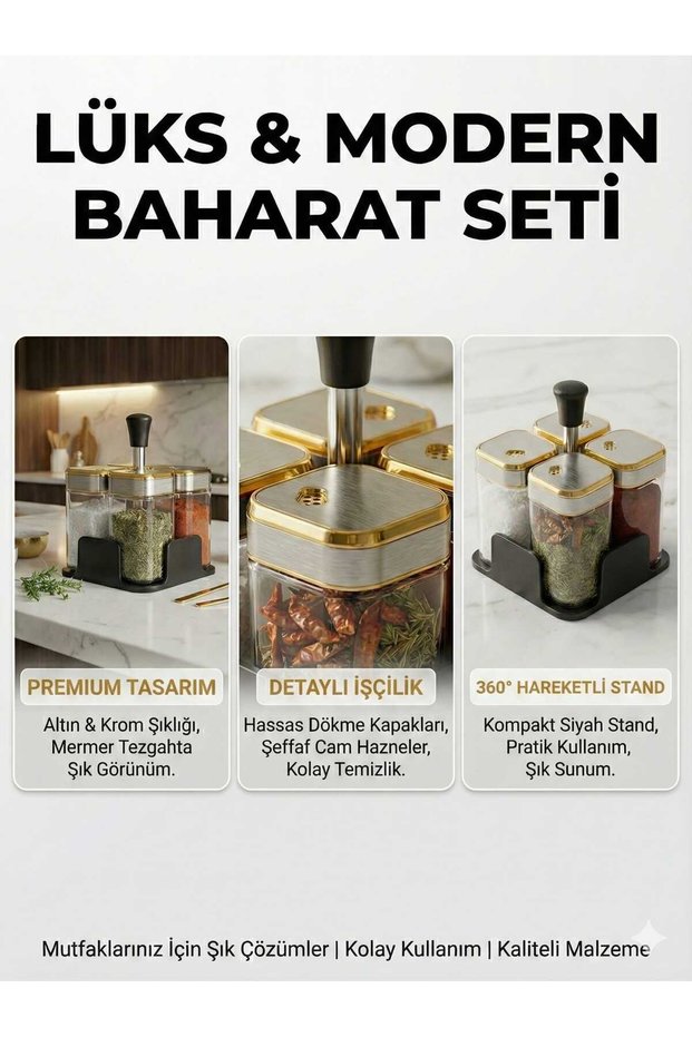 4-Piece Luxury Glass Spice Rack Set - Desktop Salt and Pepper Shakers with Gold Detailed Metal Lids and Stand