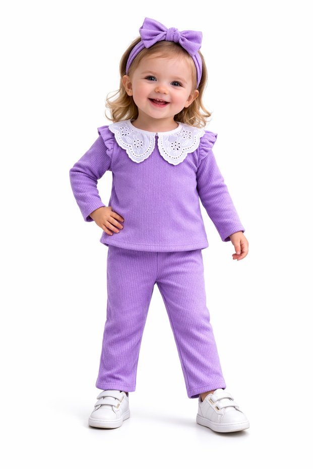 Lilac Lace Collar Camisole Ribbed Girls' 3-Piece Set