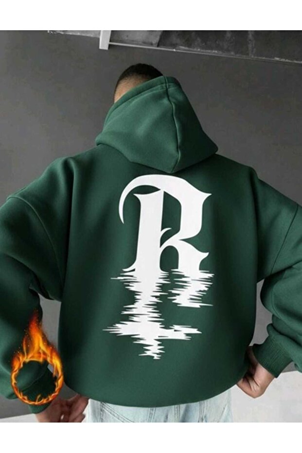 R Letter Printed Oversize Unisex Street Style Hooded Sweatshirt