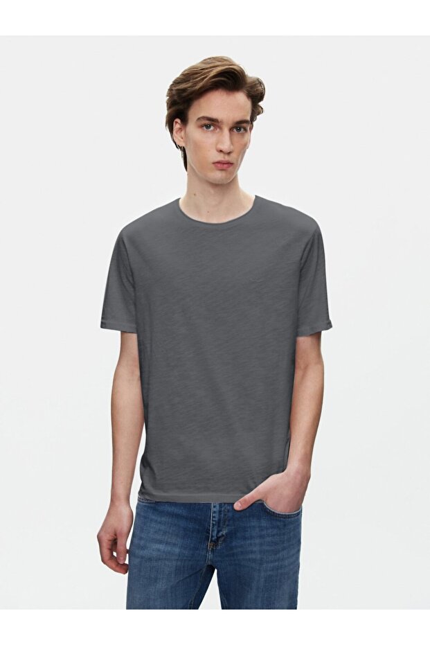 Kısa Kollu Sıfır Yaka Basic Antrasit T-shırt - 2