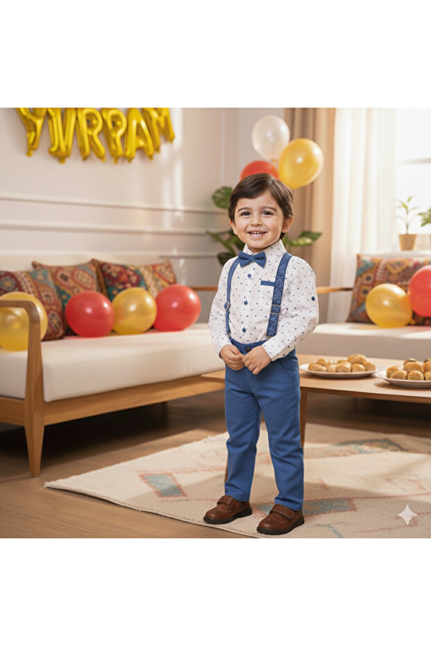 Boy's Polka Dot Shirt and Suspender Bow Tie Holiday Pants Set