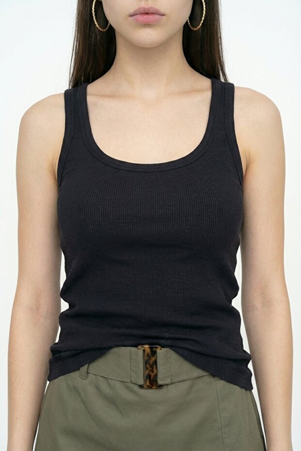 Fitilli Yuvarlak Yaka Basic Atlet Siyah - 3