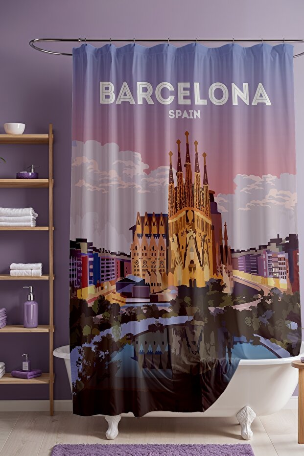 Bathroom Curtain, Pastel Barcelona Patterned Shower Curtain, Bathtub Curtain 175X200Cm