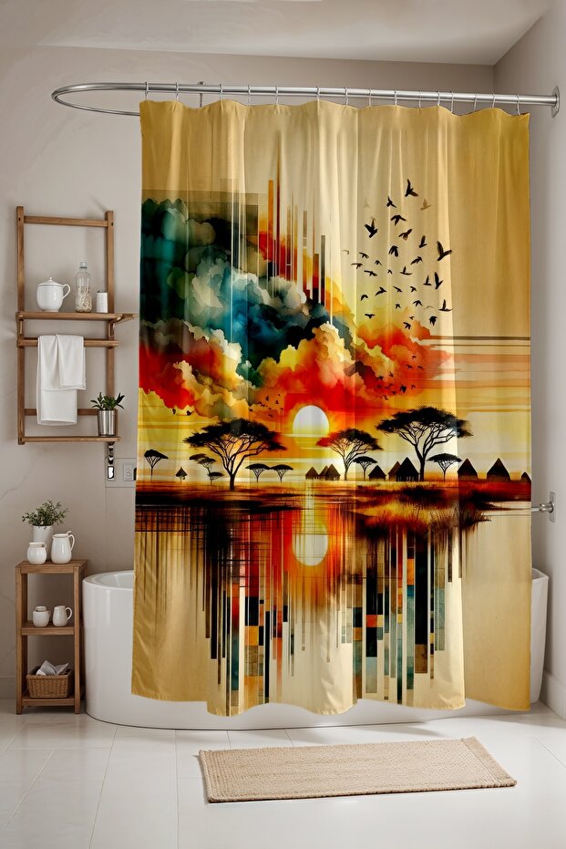 Bathroom Curtain, Sunset Bohemian Landscape Patterned Shower Curtain, Bathtub Curtain 175X200Cm