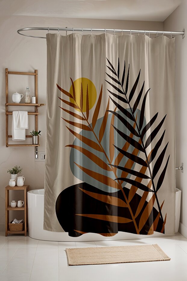 Bathroom Curtain, Bohemian Stone and Leaves Patterned Shower Curtain, Bathtub Curtain 175X200Cm