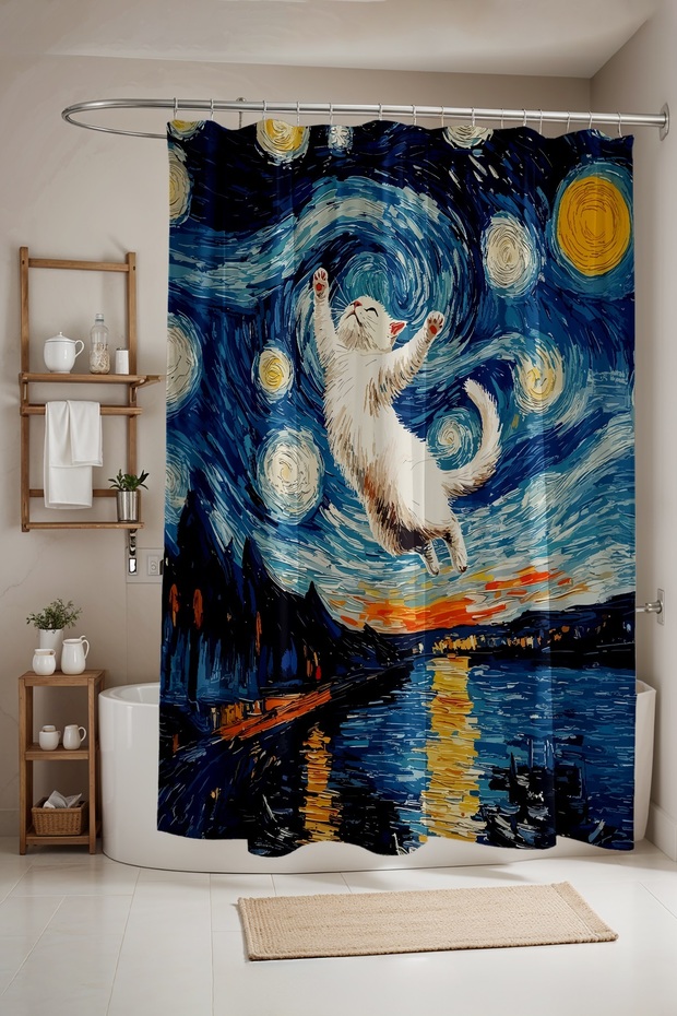 Bathroom Curtain, White Cat Patterned Shower Curtain in Starry Night, Bathtub Curtain 175X200Cm