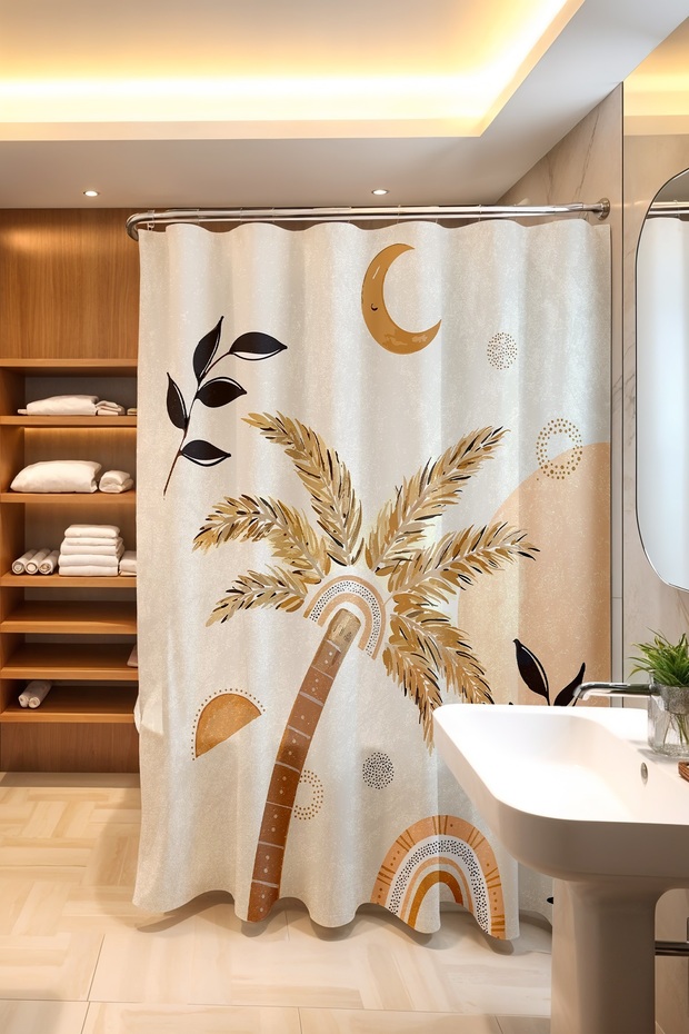Bathroom Curtain, Bohemian Moon and Cream Palm Pattern Shower Curtain, Bathtub Curtain 175X200Cm