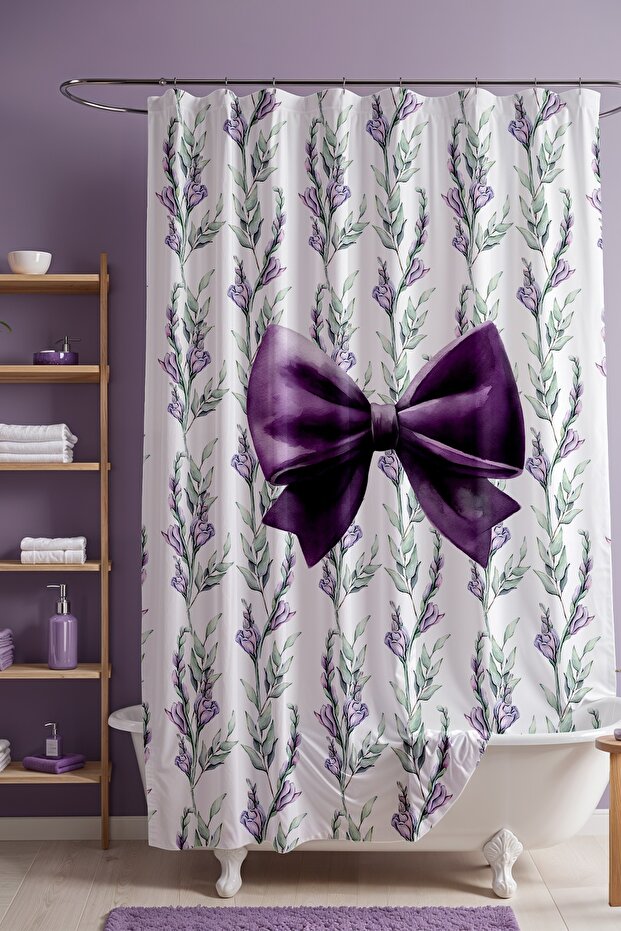 Bathroom Curtain, Purple Bow Elegance Patterned Shower Curtain, Bathtub Curtain 175X200Cm