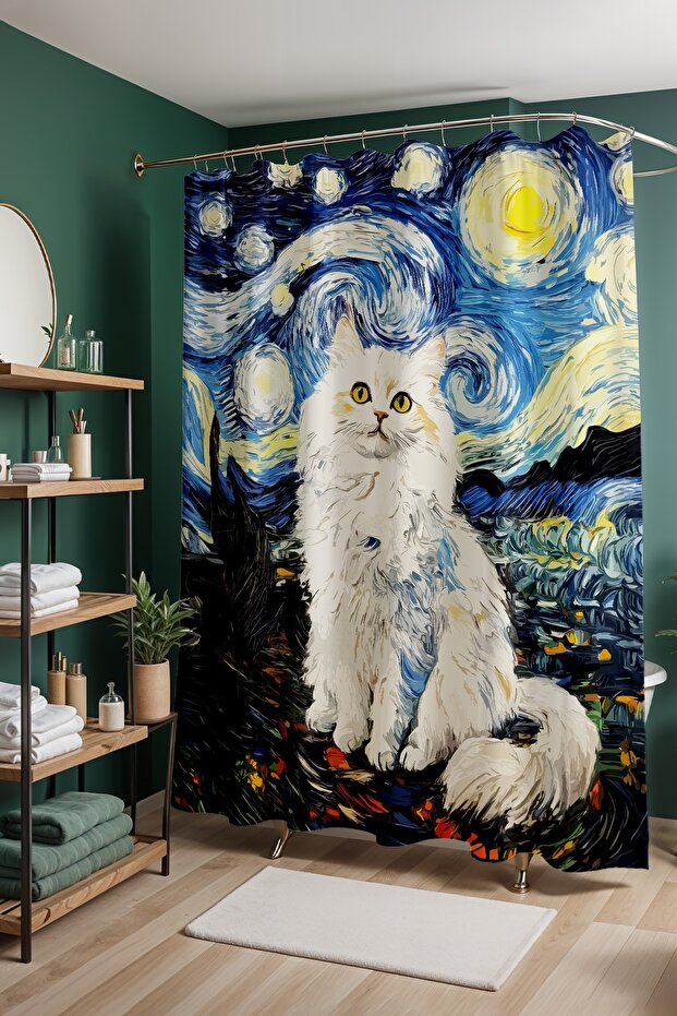 Bathroom Curtain, Cute Cat Pattern in Starry Night Shower Curtain, Bathtub Curtain 175X200Cm