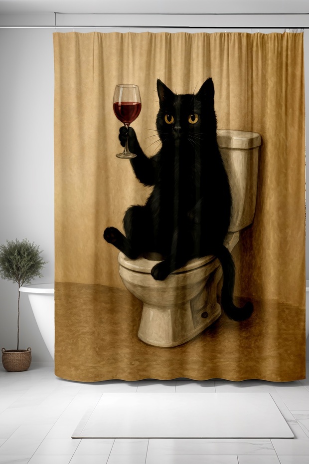 Bathroom Curtain, Cat Patterned Shower Curtain with Glasses, Bathtub Curtain 175X200Cm