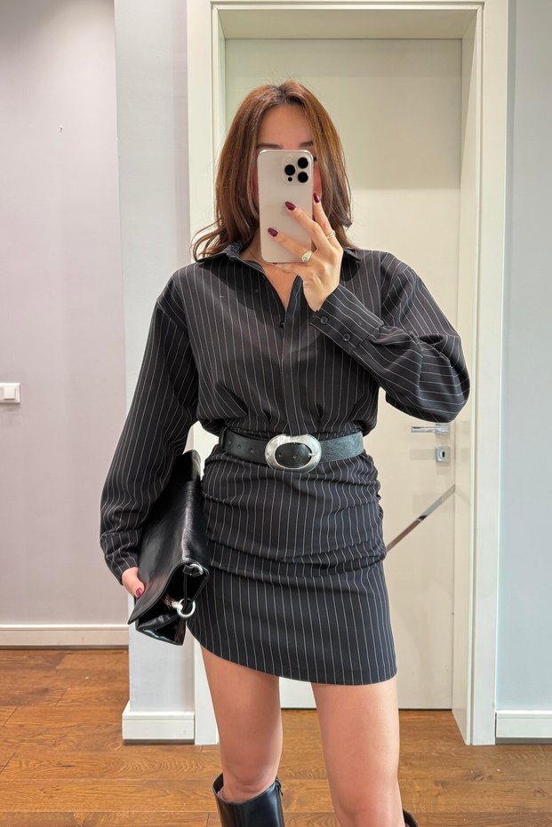 Women's Black Padded Striped Shirt Dress