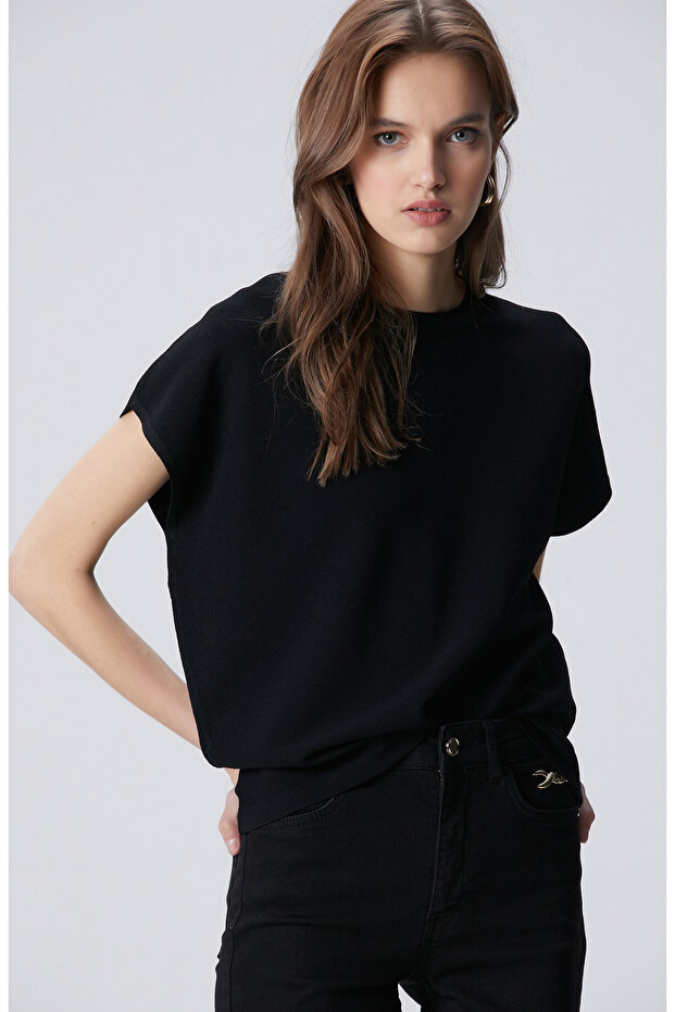 Siyah Bisiklet Yaka Kısa Kol Kazak - 4