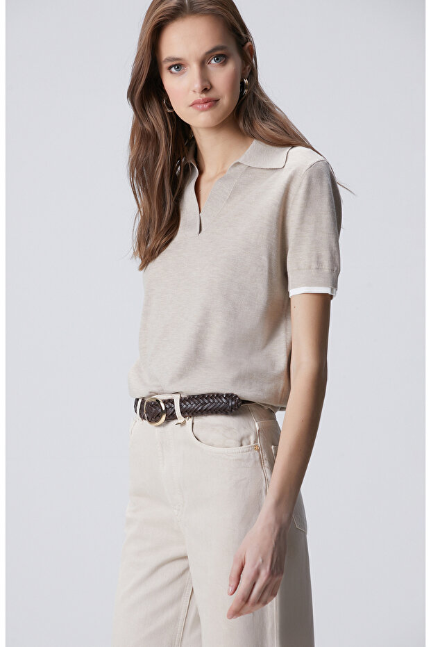 Bej Garnili Polo Yaka Triko - 1