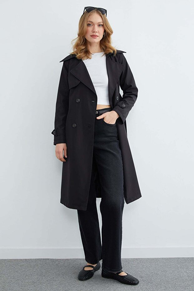 Belted Double-Breasted Collared Long Trench Coat