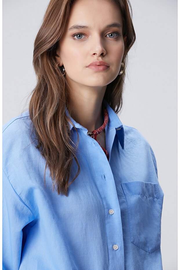 Mavi Cep Detaylı Basic Keten Karışımlı Gömlek - 2