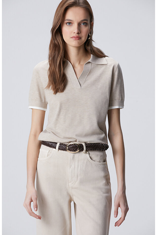 Bej Garnili Polo Yaka Triko - 4