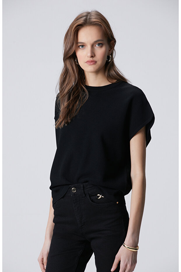 Siyah Bisiklet Yaka Kısa Kol Kazak - 1