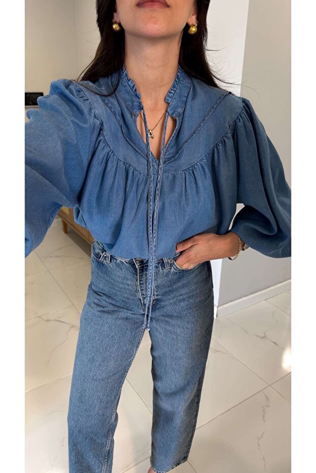Wonela Mavi Oversıze Denim Gömlek - 1