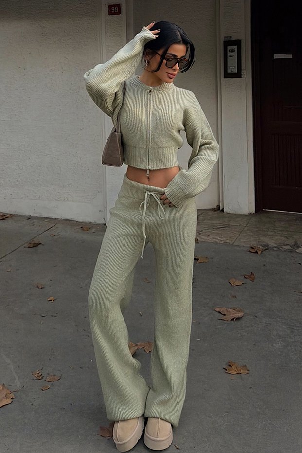 Khaki Zario Zippered Crop Top Wide Leg Pants Knitwear Set Ate-3735