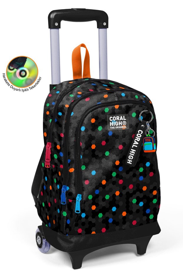 Kids Black Colored Honeycomb Patterned Three-Compartment Wheeled School Backpack 34009