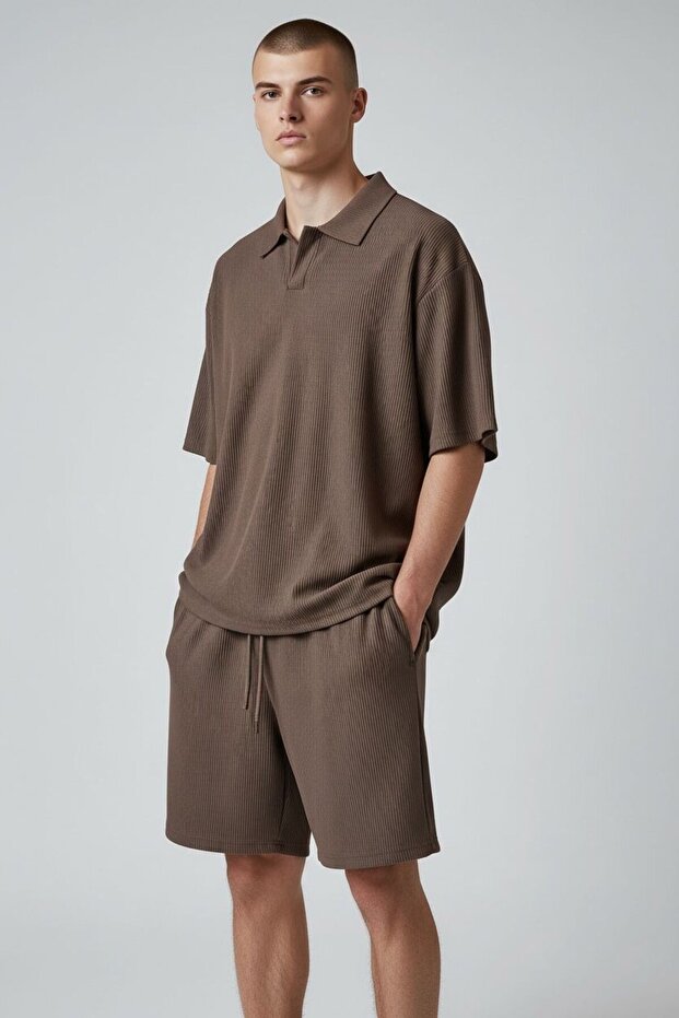 Men's Brown Patched Ottoman Shorts and Top Set