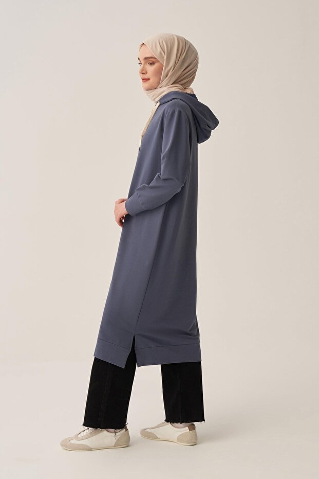 Mavi-Kapüşonlu Rahat Tunik - 3
