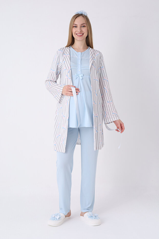 Maternity Pajama and Dressing Gown Set 3-Piece – Maternity Pajamas with Crew Neck, Striped Pattern, Cotton Viscose