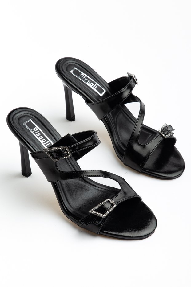 Women's Black Shiny Leather Double Buckle Detailed Heeled Slippers