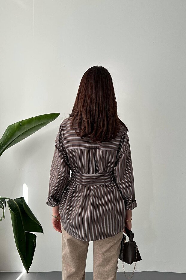 Bağlama Detaylı Çizgili Gömlek - 4
