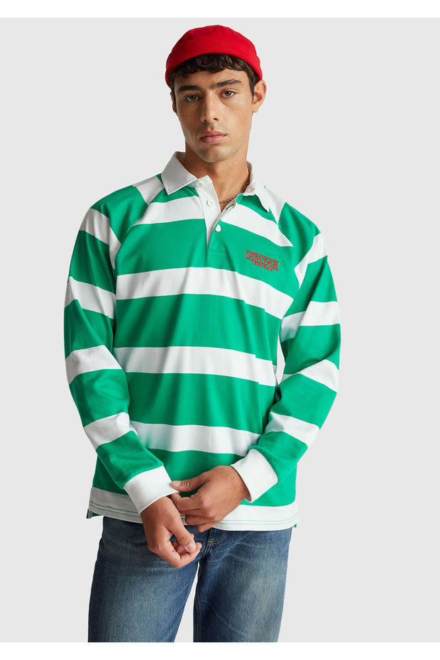 Men's Green 100% Cotton Stranger Things Long Sleeve Polo T-Shirt