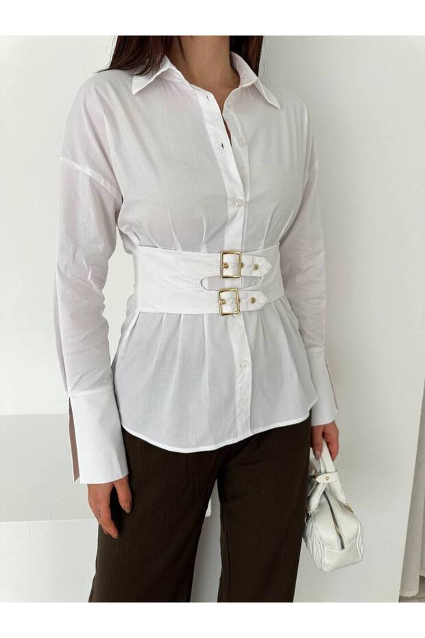 Women's Double Belt Detailed Waist-Sitting Shirt Zyn-58892