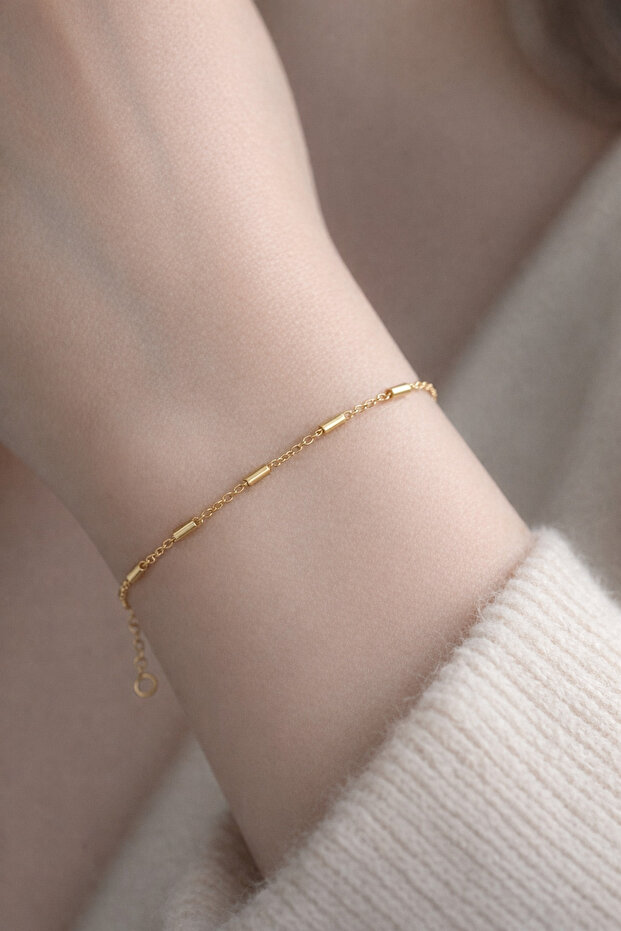 Gold Color Minimal Bracelet with Cylinder Details