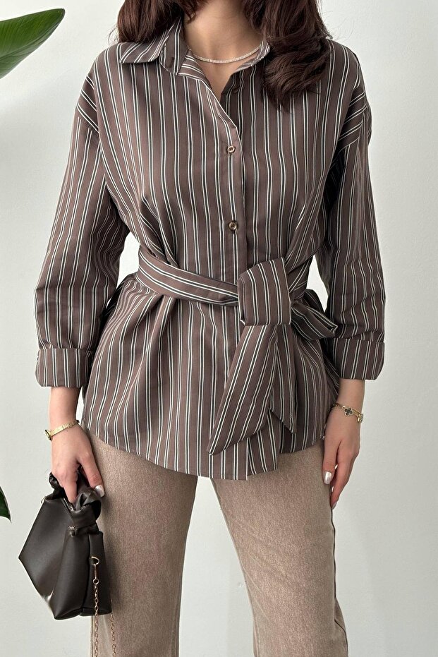 Bağlama Detaylı Çizgili Gömlek - 2