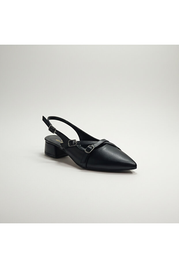 Elegant Black Square Low-Heel Pointed-Toe Belted Heel Shoes