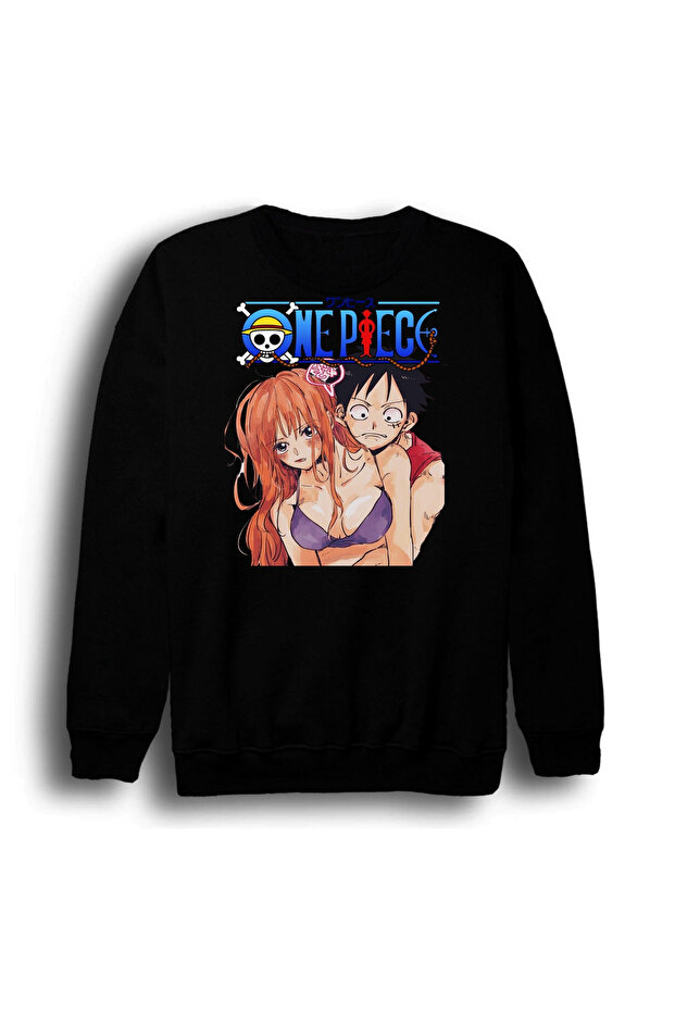 One Piece - Nami - Luffy - Nami X Luffy Printed Unisex 100% Cotton Crew Neck Black Sweatshirt