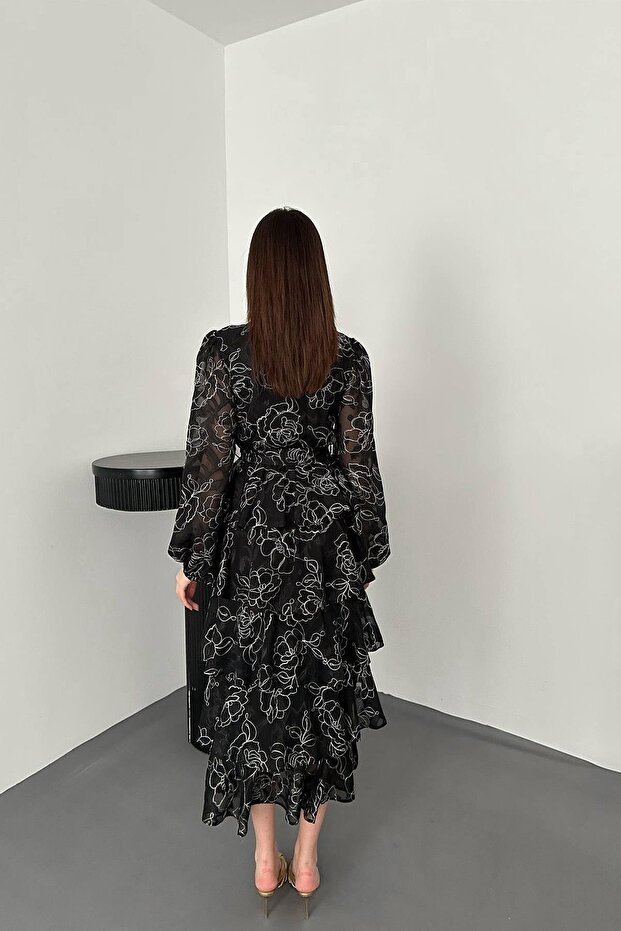 Volanlı Şeritli Kat Kat Jakarlı Elbise - 6