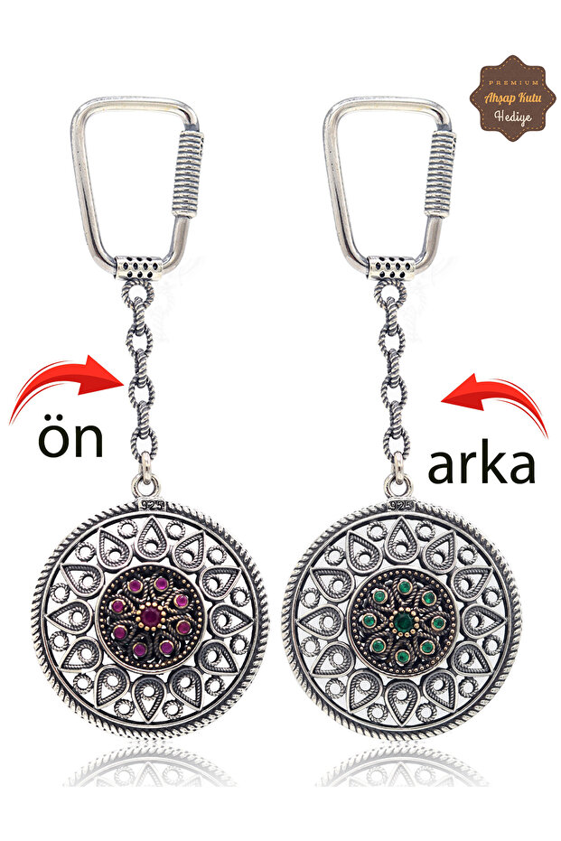 Ruby and Emerald Stone Drop Model Double-Sided Oxidized Silver Filigree Keychain 201025177